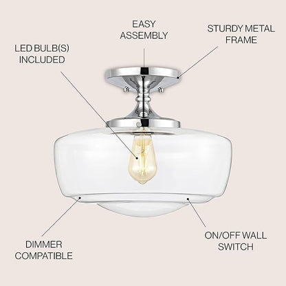 JONATHAN Y 14" Chrome Modern Farmhouse LED Flush Mount Light Fixture, Clear Glass Shade, Rustic Industrial Schoolhouse Lamp for Kitchen Hallway Bedroom (JYL7517C)