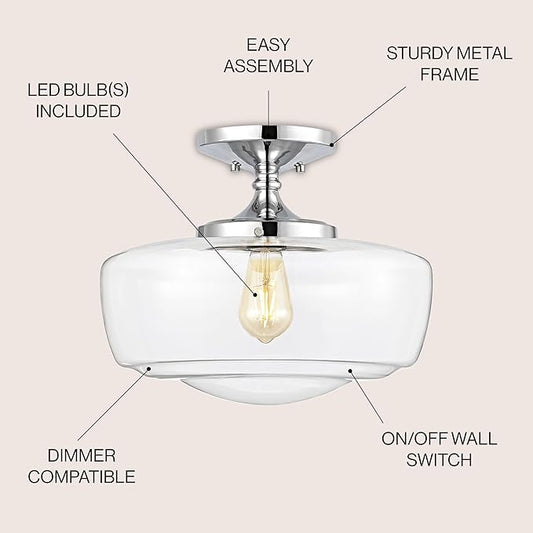 JONATHAN Y 14" Chrome Modern Farmhouse LED Flush Mount Light Fixture, Clear Glass Shade, Rustic Industrial Schoolhouse Lamp for Kitchen Hallway Bedroom (JYL7517C)