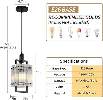 Modern Pendant Light Fixtures with Clear Glass Matte Black Pendant Lights Kitchen Island Adjustable Square Hanging Pendant Lighting for Dining Room Over Sink Hallway 1 Pack 12 inches