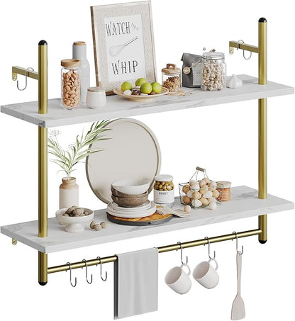 Bestier Floating Shelving 31" Kitchen Wall - Mounted Shelf with Towel Bar Hooks Coffee Bar Shelf Wine Hanging Display Rack Bookshelf Living Room Decor Bathroom - White Marble