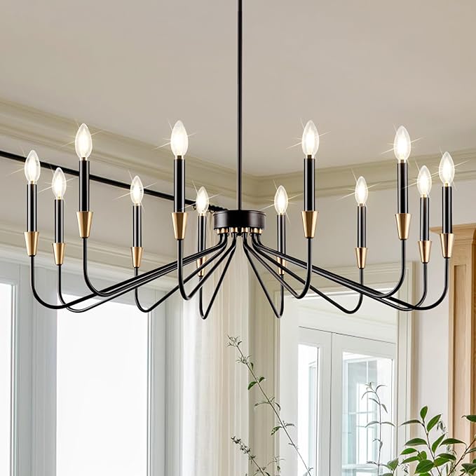 Black Chandelier 38'' Modern Farmhouse Candle Light Fixture 12-Light Large Black and Gold Dining Room Chandleiers High Ceiling Hanging Living Room Lighting Entryway Kitchen Island