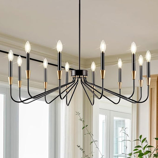 Black Chandelier 38'' Modern Farmhouse Candle Light Fixture 12-Light Large Black and Gold Dining Room Chandleiers High Ceiling Hanging Living Room Lighting Entryway Kitchen Island