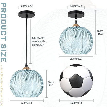 Glass Pendant Light Fixtures, Mid-Century Modern Hanging Lamp with 8.2" Light Blue Shade, Gold Chandelier Coastal Ceiling Light for Dining Table, Kitchen Island, Bedroom