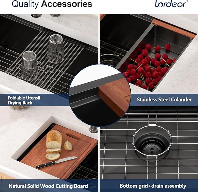 Lordear Matte Black 30 Undermount Kitchen Sink Ledge Workstation T304 16 Gauge Stainless Steel Single Bowl Under Counter Kitchen Sink Basin with Built-in Accessories 30x19x10 Inch