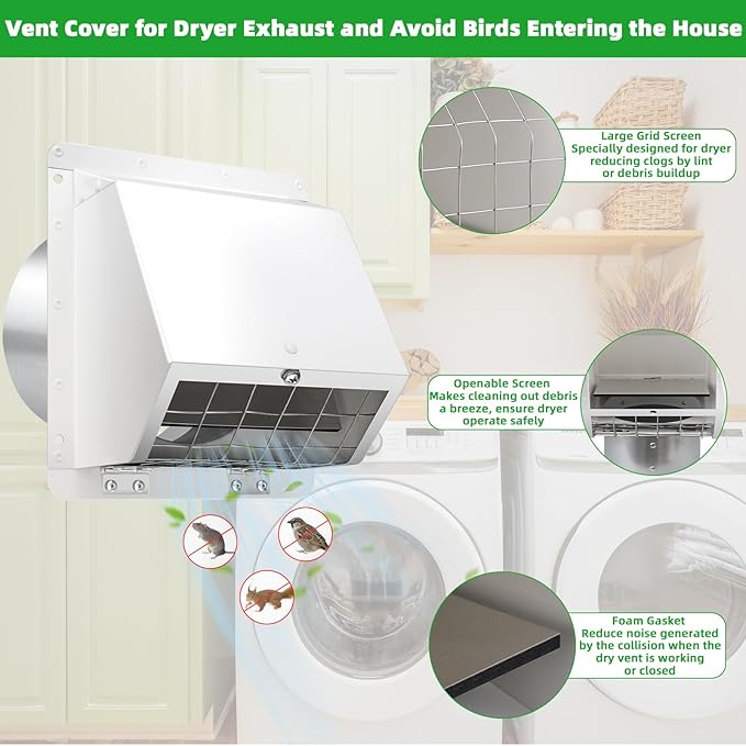 6 Inch Hooded Wall Vent with Flap and Mesh,6 inch Dryer Vent Cover,6''Exhaust Vent Cover Cap for Kitchen Range Hood/Dryer/Bathroom Exhaust Duct,Wall Mount Exterior Vent Hood Outdoor with Large Opening