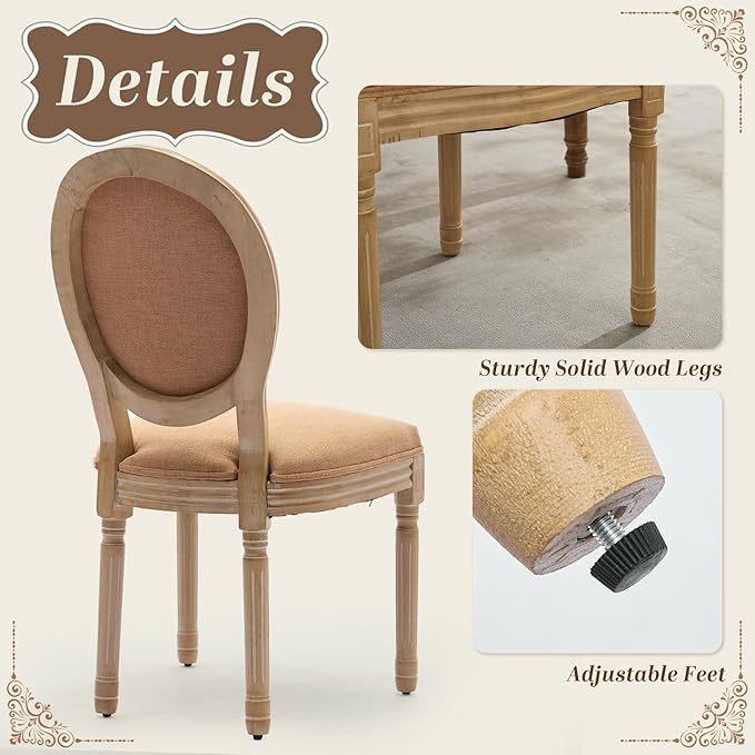 SoarFlash French Dining Chairs Set of 2, Vantage Linen Dining Chair with Round Back, Wood Leg Farmhouse Country Dining Chair for Living Room,Kitchen,Bedroom,Brown