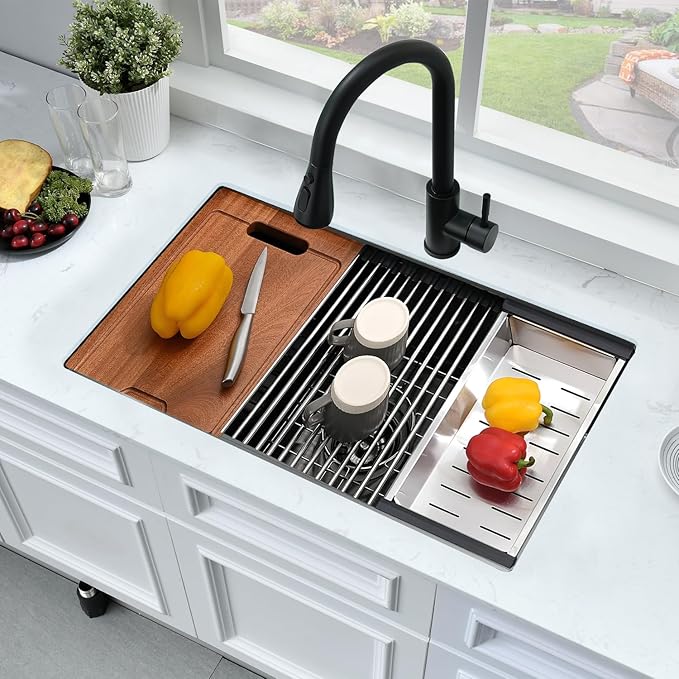 30 Inch Undermount Kitchen Sink Black-Bokaiya 30x19 Black Stainless Steel Undermount Workstation Sink 16 Gauge 10 Inch Deep Single Bowl Kitchen Sink with Cutting Board& Drainer