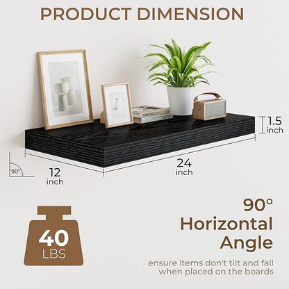 RICHFOCUS Deep Floating Shelves for Wall 2 Pack 12" D 24 Inch Wall Shelves for Room Wall|Wood Hanging Shelf with Invisible Brackets for Bathroom Bedroom Kitchen Laundry Room, Black