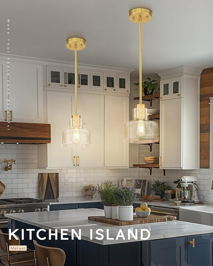 Brushed Gold Pendant Lights Kitchen Island, 6" Pendant Light Fixtures Over Island with Clear Glass Shade, Modern Brass Kitchen Island Lighting for Dining Room Entryway, PL124-BG-G-1PK