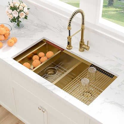 Sarlai 36 Inch Gold Undermount Kitchen Sink Double Bowl Large Workstation Sink Low Divided Gold Stainless Steel Sinks 16 Gauge 50/50 Sinks Double Basin