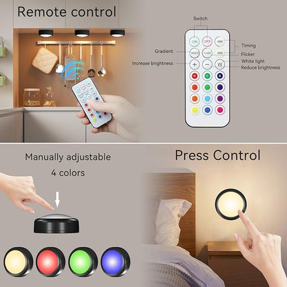 LED Puck Lights with Remote, 13-Color Under Cabinet Lighting Wireless, Battery Operated Stick-On Lights, Dimmable Push Light for Closet/Shelf/Wall (Black-6 Pack)