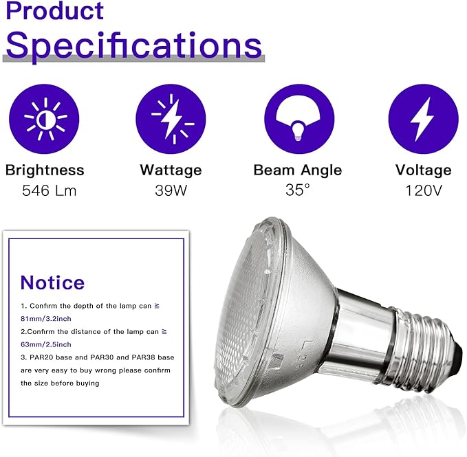 PAR20 Halogen Light Bulbs, 39W High Output (50W Replacement) PAR20 Flood Light Bulb, Dimmable, 120V 480 Lumens 2700k Warm White, E26 Medium Base, Par20 Halogen Bulbs (2 Pack)