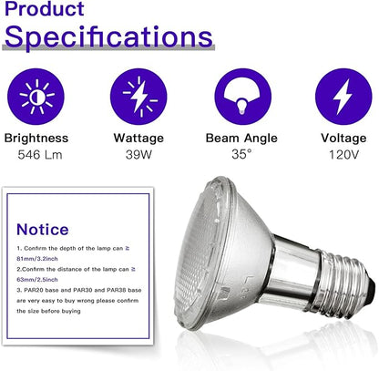 PAR20 Halogen Light Bulbs, 39W High Output (50W Replacement) PAR20 Flood Light Bulb, Dimmable, 120V 480 Lumens 2700k Warm White, E26 Medium Base, Par20 Halogen Bulbs (2 Pack)