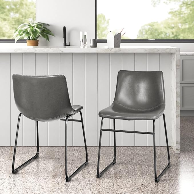 LEMBERI Faux Leather Dining Chairs Set of 2, 18 Inch Modern Kitchen Dining Room Chairs with Backrest and Metal Legs, Comfortable Upholstered Seat, Grey