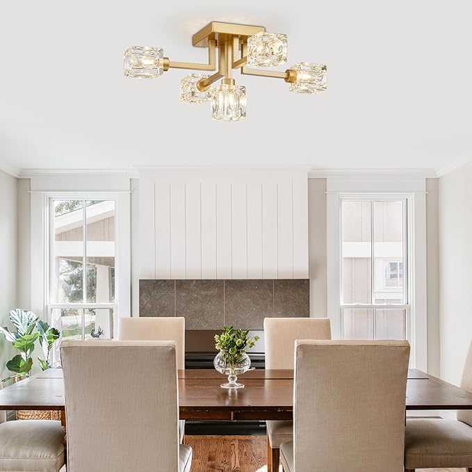 XINGQI Sputnik Chandelier Gold Modern Semi Flush Mount Ceiling Light Glass 5 Lights Farmhouse Lighting Fixtures for Dining Room Living Room Kitchen Bedroom