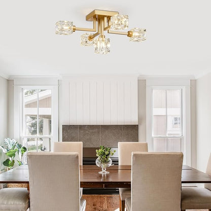 XINGQI Sputnik Chandelier Gold Modern Semi Flush Mount Ceiling Light Glass 5 Lights Farmhouse Lighting Fixtures for Dining Room Living Room Kitchen Bedroom