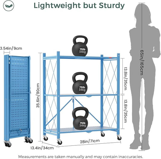 DEANIC 3 Tier Foldable Storage Shelves with Wheels, Kitchen Appliance Stand, Freestanding Metal Wire Shelf Rack, No Assembly Organizer Rolling Cart for Garage, Basement, Pantry(Blue Pack of 2)