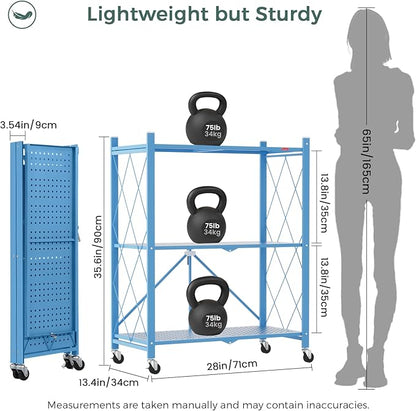DEANIC 3 Tier Foldable Storage Shelves with Wheels, Kitchen Appliance Stand, Freestanding Metal Wire Shelf Rack, No Assembly Organizer Rolling Cart for Garage, Basement, Pantry(Blue)