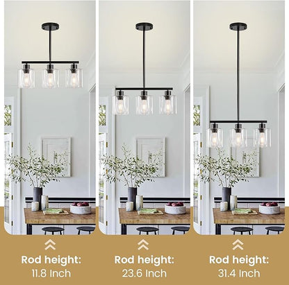 3-Light Kitchen Island Lighting, Black Pendant Light Fixture, Farmhouse Dining Room Light Fixtures Over Table, Modern Hanging Light Fixtures with Clear Glass, E26 Base, Bulbs Not Included