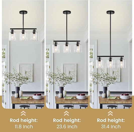 3-Light Kitchen Island Lighting, Black Pendant Light Fixture, Farmhouse Dining Room Light Fixtures Over Table, Modern Hanging Light Fixtures with Clear Glass, E26 Base, Bulbs Not Included