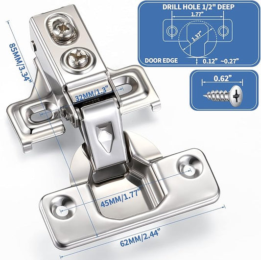 Chumia 100 Pack Soft Closing Cabinet Hinges for Kitchen 1/2 Inch Partial Overlay Kitchen Cabinet Door Hinges 105 Degree Concealed with Mounting Screws for Frameless Face Frame Door