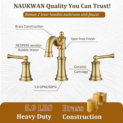 Bathroom Sink Faucet, Brushed Gold Roman Stlye Rotated Spout Vanity Basin Faucets 3 Holes 2 Handles 8 inches Widespread Deck Mount Brass Faucet for Sink with Overflow Pop Up Drain NL2204-BG