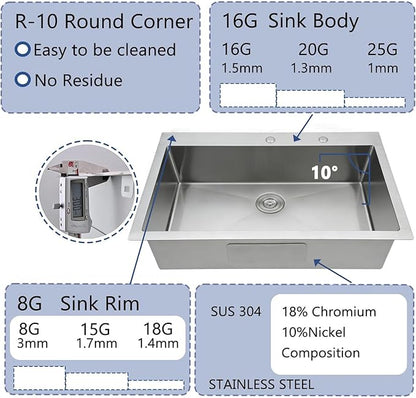 33x22 Inch Drop In Kitchen Sink, Topmount Stainless Steel Brushed Nickel Single Bowl Kitchen Sink, Extra-thick 16 Gauge For RV Laundry Utility with Dish Grid and Basket Strainer YSD013