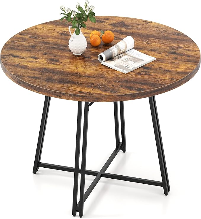 Giantex 47-inches Round Dining Table for 4-6 People, Kitchen Table with Metal Supporting Legs & Cross Base, Circle Dinner Tables for Dinette, Restaurant, Living Room, Dining Room, Rustic Brown