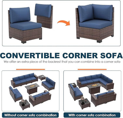 13 Piece Patio Furniture Set with Fire Pit Table, Wide Armrest Outdoor Sectional Sofa Brown Wicker Rattan Conversation Sets, 4'' Thickened Cushion Navy Blue