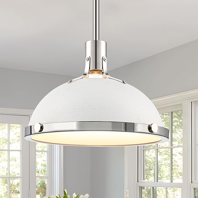 12.7 Inch White and Nickel Modern Pendant Lights, Mid Century Dome Kitchen Island Pendant Lighting, 1-Light Small Ceiling Hanging Light Fixture with Opal Glass Diffuser, Over Sink Table Bar