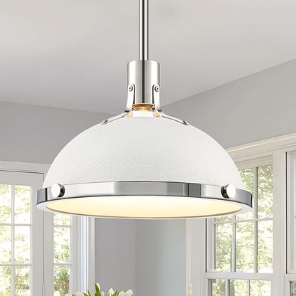 12.7 Inch White and Nickel Modern Pendant Lights, Mid Century Dome Kitchen Island Pendant Lighting, 1-Light Small Ceiling Hanging Light Fixture with Opal Glass Diffuser, Over Sink Table Bar