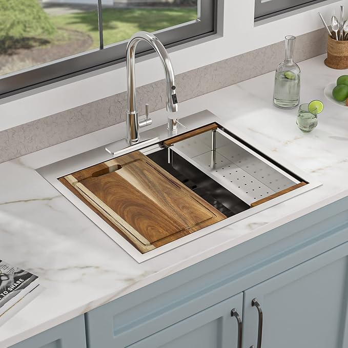 25 Kitchen Sink Drop In - Fulorni 25"x22" Kitchen Sink Drop In Topmount Ledge Workstation 16 Gauge Stainless Steel Single Bowl Above Counter Sink Basin