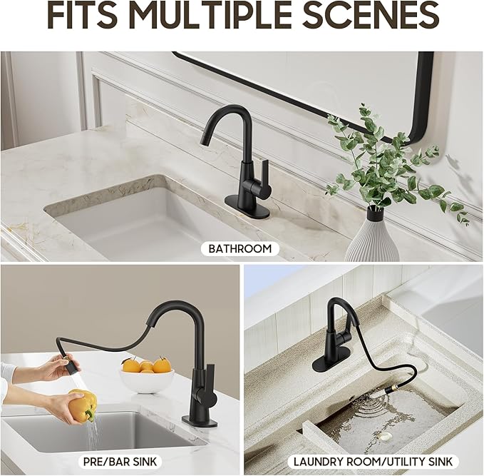 Phiestina High Arc Bathroom Sink Faucet with Pull Down Sprayer, Tall Matte Black Single Handle Pull Out Faucet with Pop-Up Drain, 1 or 3 Hole Laundry Bar Basin Faucet with Deck Plate WE10CL-ZY-MB