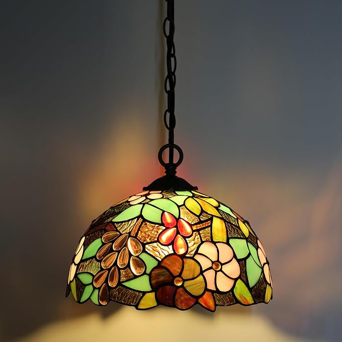 Tiffany Pendant Light Plug-in Stained Glass Hanging Lamp 12”x12”x181” Grape Swag Light Vintage Lighting for Dining Room Living Room Kitchen Hallway Bedroom