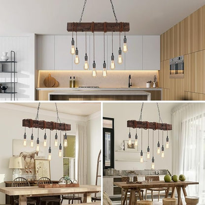 SEEBLEN 8-Lights Farmhouse Kitchen Island Pendant Light, Rustic Wood Chandeliers for Dining Room,Height Adjustable Island Light,Dining Room Bar Restaurant Cafe Pool Table.