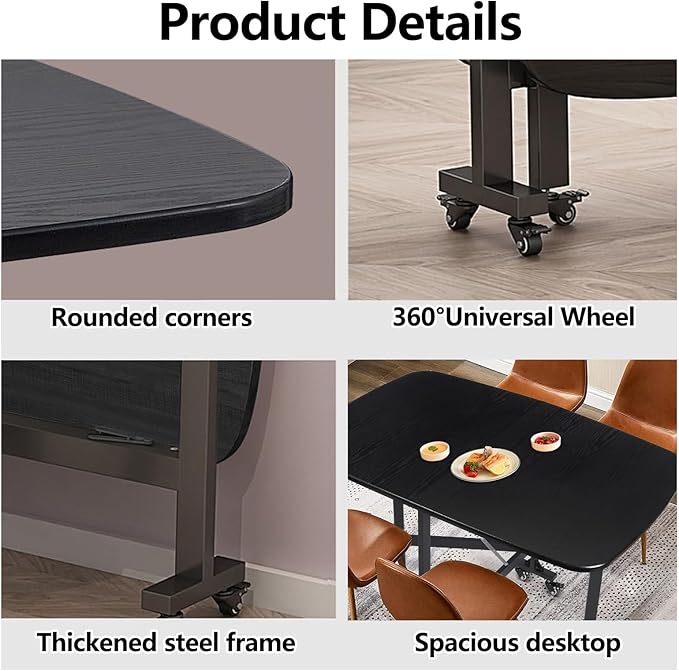 Folding Dining Table, Moveable Kitchen Desk with Wheels, Foldable Dining Table, Space Saving Desk, for Restaurant Room, Kitchen, Living Room, Rustic and Black, Drop Leaf Dining Table with 6 Wheels