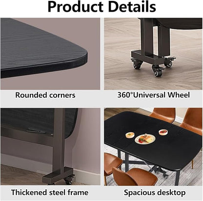 Folding Dining Table, Moveable Kitchen Desk with Wheels, Foldable Dining Table, Space Saving Desk, for Restaurant Room, Kitchen, Living Room, Rustic and Black, Drop Leaf Dining Table with 6 Wheels