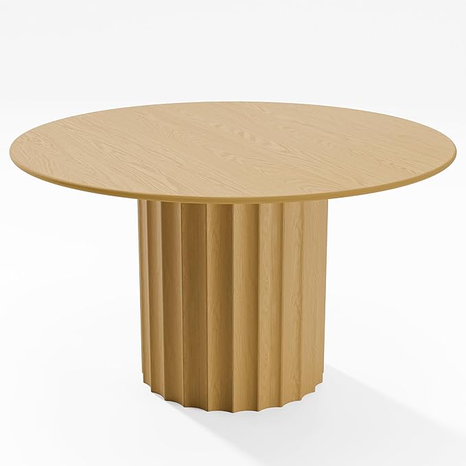 Casaphoria 52" Round Dining Table, Modern Wood Kitchen Table with Cylindrical Wide Bar Concave Base for Living Room & Dining Room, Easy Assembly Farmhouse Furniture for 4-6, Oak
