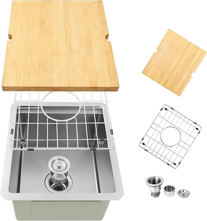 15 Inch Sink Undermount, 16 Gauge 304 Stainless Steel Workstaion Kitchen Sinks with Ledge & Accessories, 15" x 17" x10" Deep Bowl For Outdoor, RV,Prep Sink, and Wet Bar