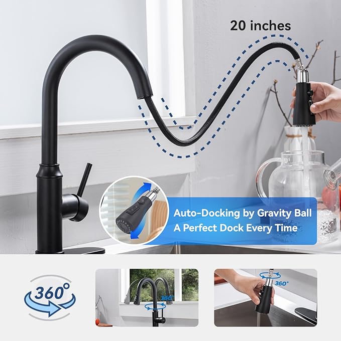 Matte Black Kitchen Faucet with Pull Down Spayer Arofa Single Handle Pull Out Kitchen Sink Faucet with Sprayer, Solid Brass Commercial Faucet for Kitchen Sink, RV, Outdoor, Laundry & Bathroom Sink