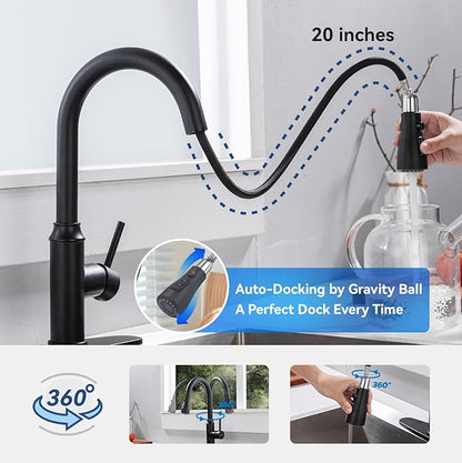 Matte Black Kitchen Faucet with Pull Down Spayer Arofa Single Handle Pull Out Kitchen Sink Faucet with Sprayer, Solid Brass Commercial Faucet for Kitchen Sink, RV, Outdoor, Laundry & Bathroom Sink