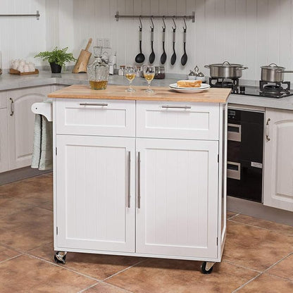 Giantex Kitchen Island Cart, Rolling Island Table with Rubber Wood Tabletop, 2 Drawers, Storage Cabinet & Towel Rack, Bar Kitchen Cart On Wheels for Dining Room (White)