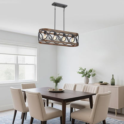 XINGQI 32.7" Kitchen Island Chandeliers Over Table Black Rectangular Linear Pendant Lighting Fixtures Farmhouse 4-Light Wood Grain Finish for Dining Room Living Room Bar Office Coffee Shop