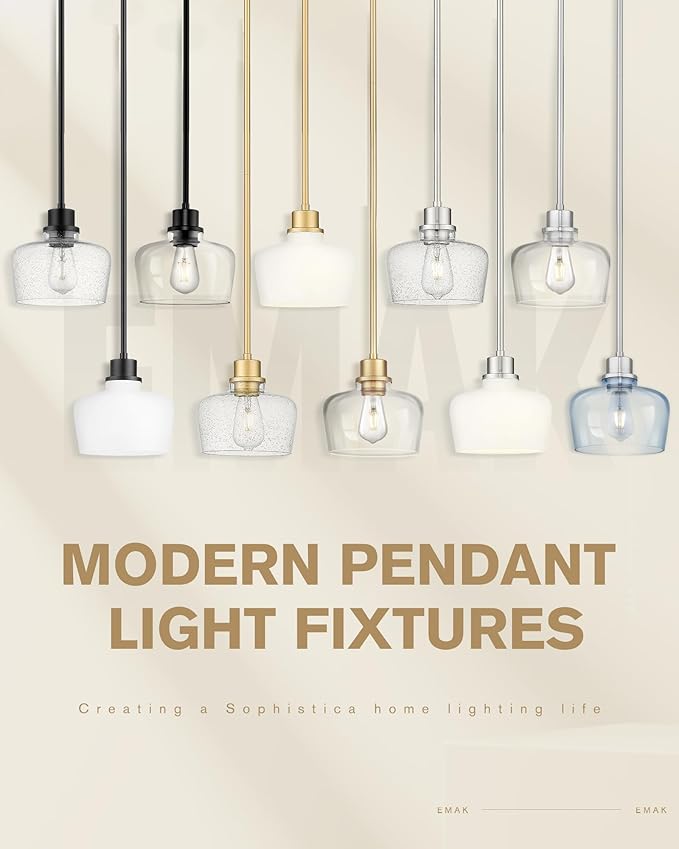 Emak 8 Inch Gold Pendant Light Fixtures, Modern Pendant Lights Kitchen Island with Seeded Glass Shade, 1 Light Hanging Light for Kitchen Island, Dining Room, Bathroom, Bedroom, PL122-GD
