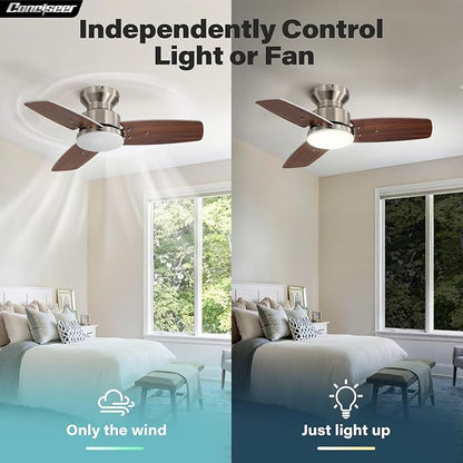 42 Inch Ceiling Fans with Lights and Remote, Bedroom Living Room Office, Flush Mount, 3CCT Dimmable, Dual Color 3 Blades 6 Speed Reversible Quiet DC Motor, Sand-Nickel/Wood Grain, 2 Pack