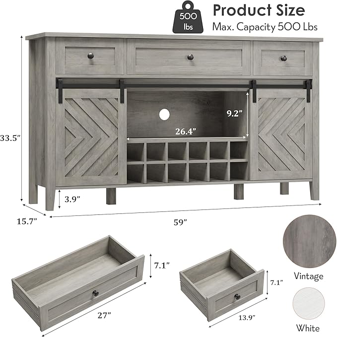 CABIHOME Farmhouse 59'' Buffet Cabinet with Sliding Barn Door, 33.4'' Tall Wood Rustic Sideboard with 3 Drawer, Adjustable Shelf and Removable Wine Rack for Dining Room, Kitchen, Living Room, Vintage