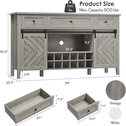 CABIHOME Farmhouse 59'' Buffet Cabinet with Sliding Barn Door, 33.4'' Tall Wood Rustic Sideboard with 3 Drawer, Adjustable Shelf and Removable Wine Rack for Dining Room, Kitchen, Living Room, Vintage