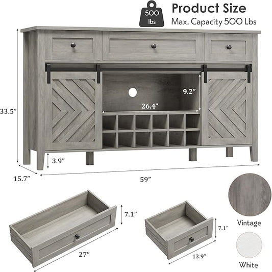CABIHOME Farmhouse 59'' Buffet Cabinet with Sliding Barn Door, 33.4'' Tall Wood Rustic Sideboard with 3 Drawer, Adjustable Shelf and Removable Wine Rack for Dining Room, Kitchen, Living Room, Vintage