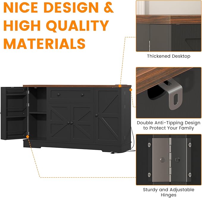Buffet Cabinet with Storage, Modern Kitchen Buffet Sideboard with Drawer, Wood Coffee Bar Station with Charging Station, Wine Rack and Hooks, Wood Sideboard Buffet for Kitchen, Dining Room, Black