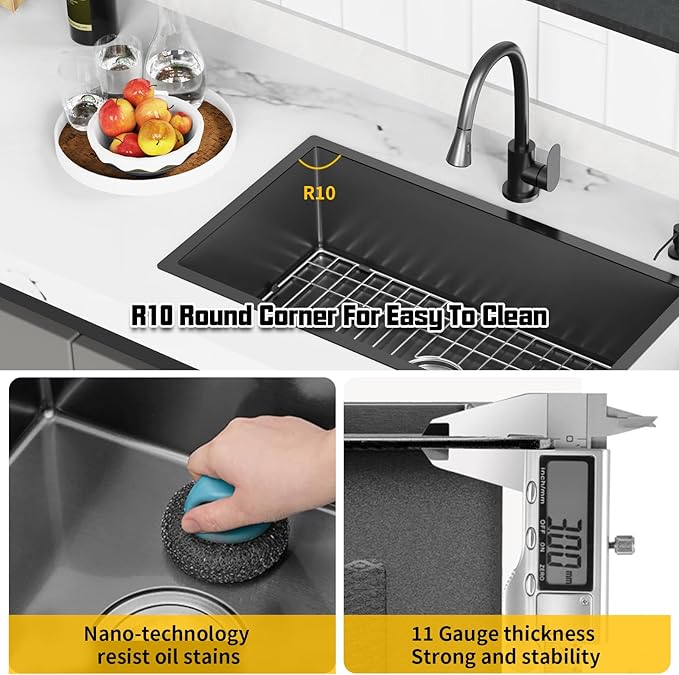 Black 32x18 Inch Undermount Kitchen Sink-Stainless Steel Single Bowl Drop In Kitchen Sink Stylish And Modern Look With Bottom Grid,Silicon Mat And Drain Assembly Add Elegance & Enhance Usability